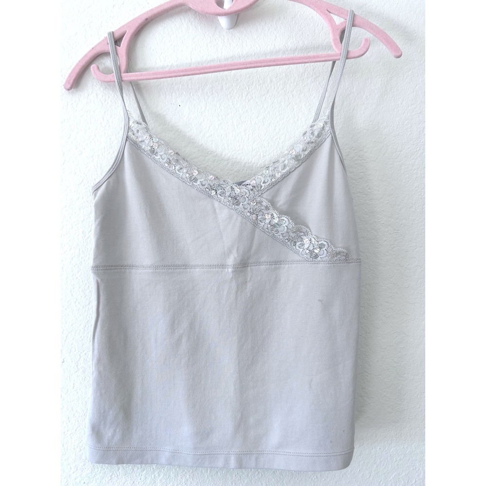 Y2K 90s Lace Sequin Trim GAP Basic Cami Tank Top Gray Spaghetti Strap Size M